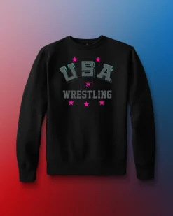 Hoodies & Pullovers|Hoodies & Pullovers>RUDIS USA Wrestling Retro Comfort Fleece Crewneck Black