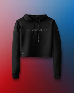 Hoodies & Pullovers>RUDIS USA Wrestling Wordmark COOL-FEEL Women's Cropped Hoodie Black