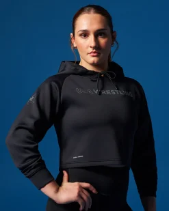 Hoodies & Pullovers>RUDIS USA Wrestling Wordmark COOL-FEEL Women's Cropped Hoodie Black