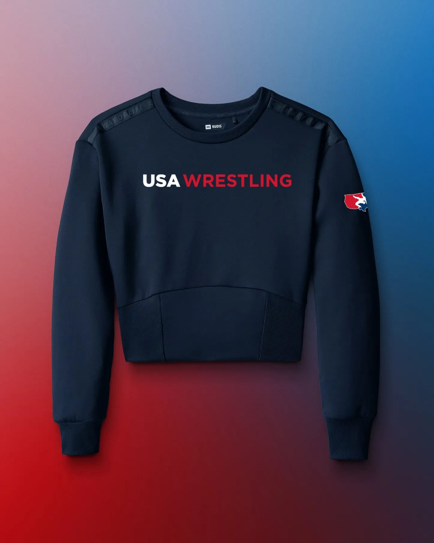 Hoodies & Pullovers>RUDIS USA Wrestling Wordmark COOL-FEEL Women's Fitted Crew