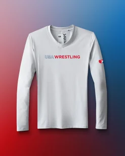 Shirts & Tees>RUDIS USA Wrestling Wordmark Performance Women's V-Neck Long Sleeve Lunar Gray