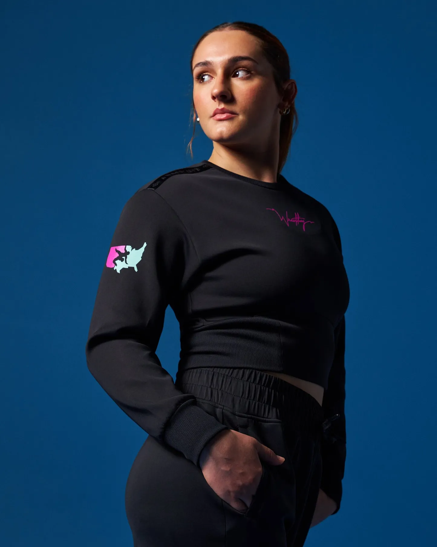 Hoodies & Pullovers>RUDIS USAW Wrestling Cool-Feel Women's Fitted Crew Black